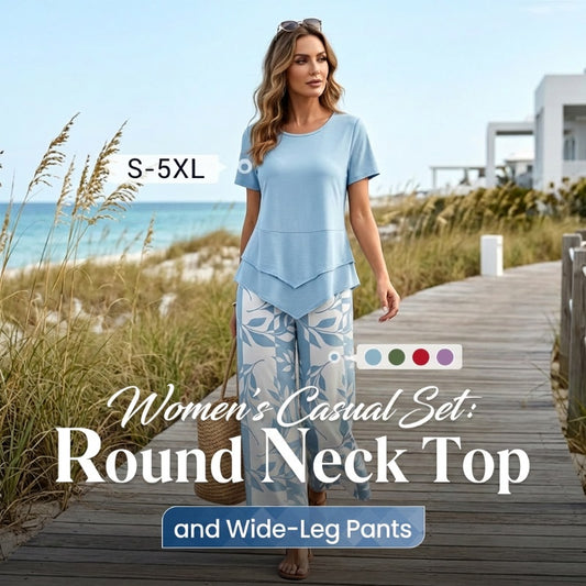 👗Women's 2-Piece Set – Layered Asymmetrical Tunic Top & Printed Wide Leg Pants, Breathable Polyester✨