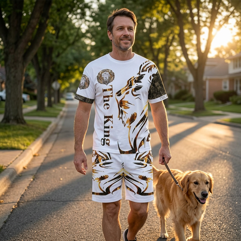 Original seller styling image for lion print matching men's T-shirt and shorts
