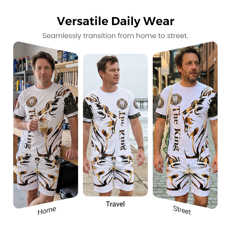 Original seller illustration displaying several casual styling occasions for men's lion graphic matching outfit