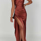 🌸NEW HOT SALE 50% OFF🥰Fits Your Curves Satin One Shoulder Drape Slit Maxi Dress💗HOT SALE💥