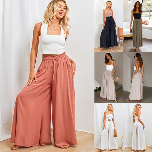 🎁2026 New Arrivals 50% OFF💥Wide-Leg High-Waisted Pants – Cotton Blend, Loose Fit, Drawstring 🌿