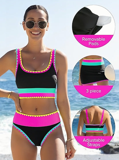 ⏳🔥50% OFF & Free Shipping🔥 ⏰Color Block Patchwork Nylon Sporty 3-Piece Bikini Set - High Waisted & Tummy Control Swimsuit👙🌈