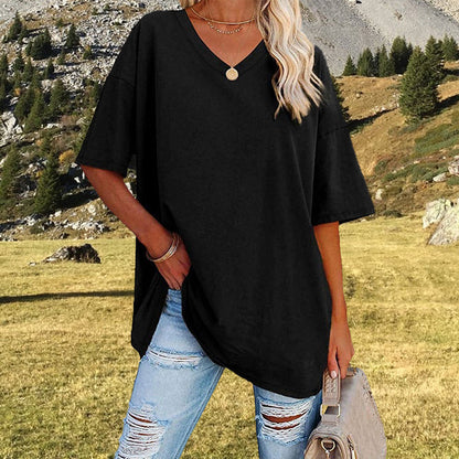 🎁2026 New Arrivals 50% OFF💥Women's Casual Loose Plus Size V Neck T Shirts Summer Half Sleeve Tees Fit Cotton Tunic Tops