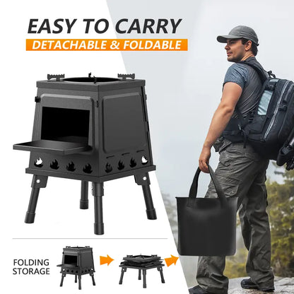 Portable Wood Burning Rocket Stove | 16 Vent Holes Efficient Burn | Outdoor Wood Stove | Foldable Camping Cooker