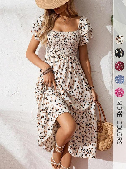 🎁2026 New Arrivals 50% OFF💥Square Neck Floral Midi Dress – Smocked Bodice, Flowy Tiered Skirt🌸1