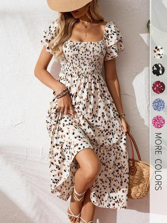 🎁2026 New Arrivals 50% OFF💥Square Neck Floral Midi Dress – Smocked Bodice, Flowy Tiered Skirt🌸1