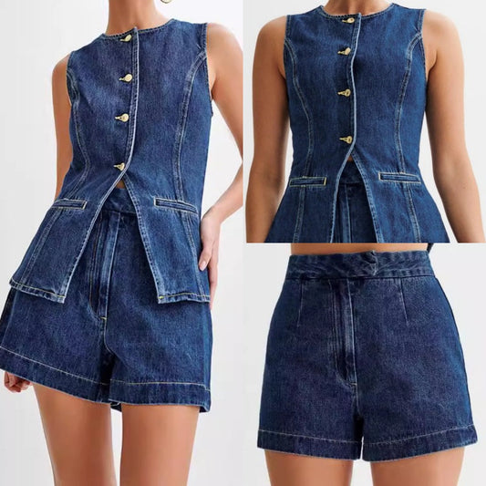 💕HOT SALE- FREE SHIPPING💕Women's Casual Denim Two-Piece Sleeveless Top & Shorts Set