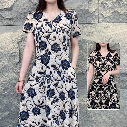 Loose V-neck Printed Knee Length Short Sleeve Dress