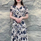 Loose V-neck Printed Knee Length Short Sleeve Dress