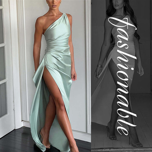 🌸NEW HOT SALE 50% OFF🥰Fits Your Curves Satin One Shoulder Drape Slit Maxi Dress💗HOT SALE💥