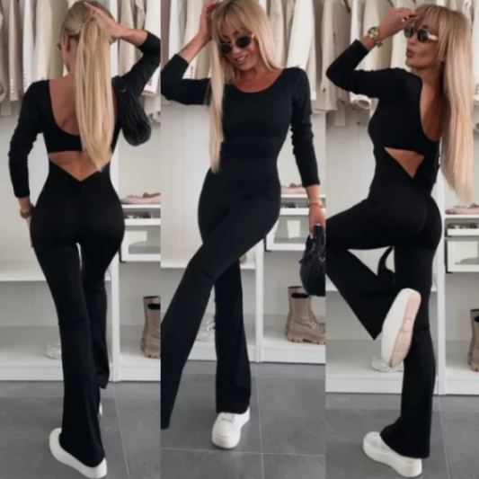 💝Women's Solid Color Skinny Long Sleeve Backless Jumpsuit🎉
