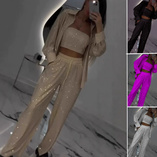 🌸Spring Specials💐 Women's Sequin Blazer & Wide-Leg Pants (3-Piece Set)