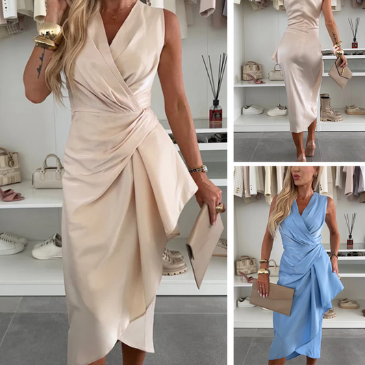 ⏳ Limited time 50% off! 💥Satin V-Neck Ruched Midi Dress with Irregular Ruffle Hem（The more you buy, the higher the discount）