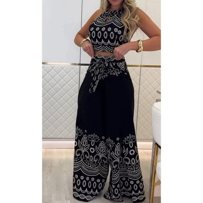 💖LAST DAY SALE 50% OFF💖Women's Retro Pattern Ethnic Halter Sleeveless Top Wide Leg Pants Set