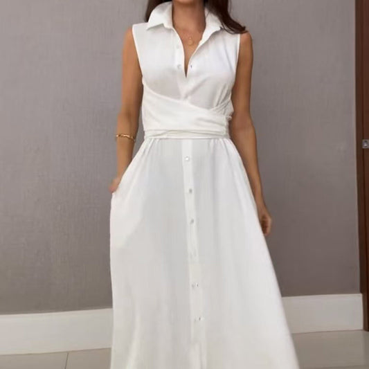 🌸Seasonal dress 50% OFF🌸Women's Sleeveless Shirt Maxi Dress with Waist Tie