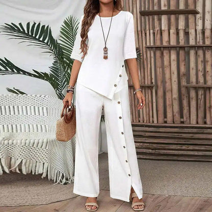 ✨2026New Style✨Trendy Irregular Hem Blouse with Wide Leg Pants – Elegant Daily Two-Piece Outfit