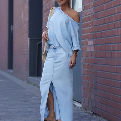 💜LAST DAY PROMOTION - 50%OFF💜Women's Diagonal Shoulder Top with Split Denim Long Skirt