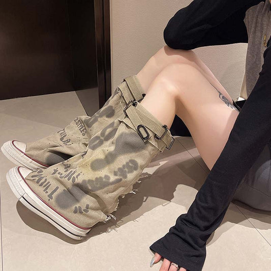 🎁Hot Sale 50% OFF⏳Women's Retro Flat Slouch Mid-Calf Canvas Boots