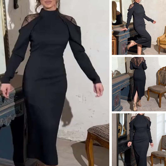 🎁Hot Sale 50% OFF⏳Women's Elegant Mock Neck Lace Back Midi Dress