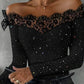 🔥55 % OFF👚Women's Lace Off The Shoulder Glitter Long Sleeve Top💕
