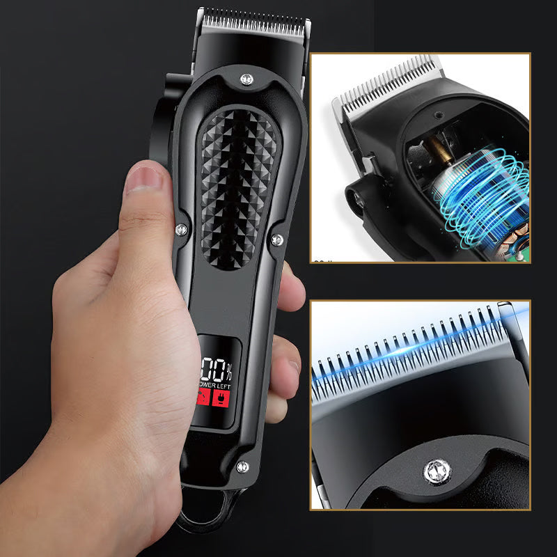 Electric hair clipper held in hand with blade and motor detail