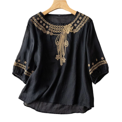 🎁2026 New Arrivals 50% OFF💥Women's Embroidered Cotton-Linen Blend Blouse – Floral Cutouts, Round Neck, Relaxed Fit ✨