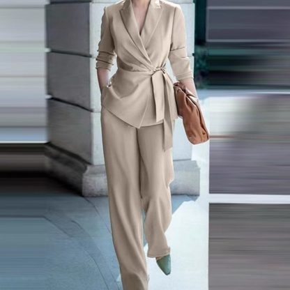 🎁New arrival 50% OFF💥Women's Elegant Tie-Waist Blazer and Wide-Leg Pants Suit Set