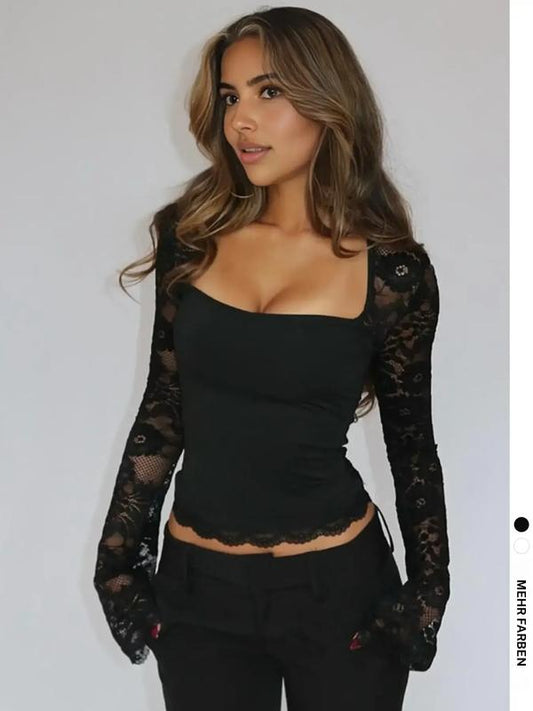 🎁2026 New Arrivals 49% OFF💖Women's Solid Color T-Shirt – Floral Lace, Split Ruffles & Sheer Sleeves for a Romantic Look ✨