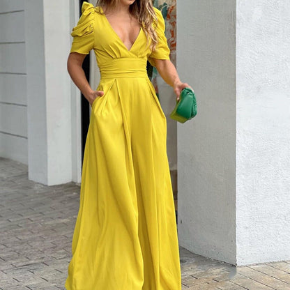👗 50% OFF NOW! 🌸 Women's Deep V-Neck Wide Leg Jumpsuit – High Waist, Flowy Style & Soft Fabric ✨