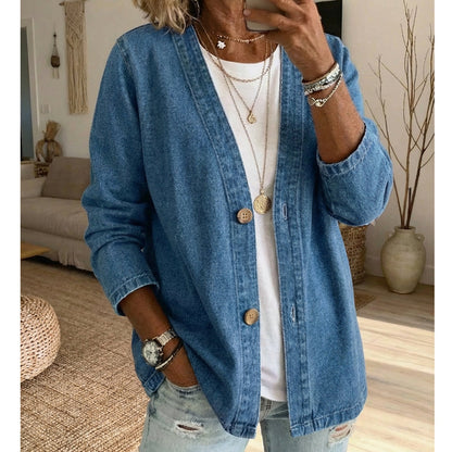 ⏳Time-Limited Special⏰Women's Classic Button Front Denim Jacket – V-Neck, Breathable Fabric & Relaxed Fit 💙