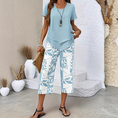 👗Women's 2-Piece Set – Layered Asymmetrical Tunic Top & Printed Wide Leg Pants, Breathable Polyester✨