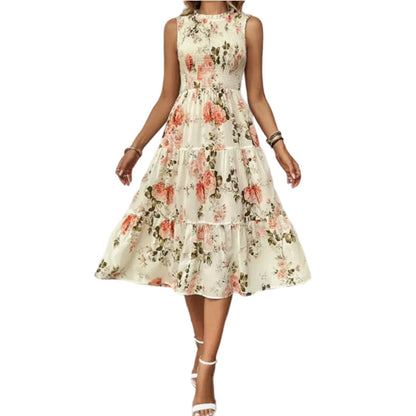 🎁2026 New Arrivals 50% OFF💥Women’s Sleeveless Floral Print Casual Dress – Smocked Bodice, Tiered Skirt, Midi Length ✨