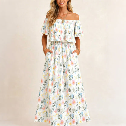 👗 50% OFF NOW! 🌸 Printed Off-Shoulder Short Sleeve Maxi Dress – Floral Print, Ruffled Bodice & Hidden Pockets ✨