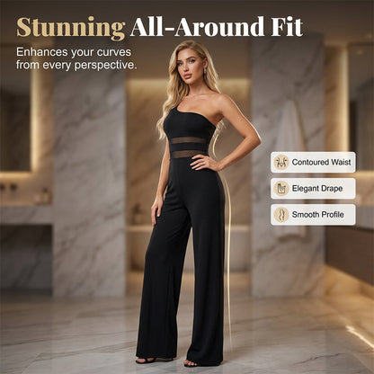 🔥2026 New Arrival🔥One-Shoulder Mesh Panel Wide-Leg Jumpsuit