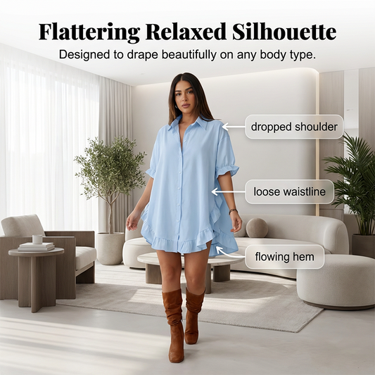 🌺 50% DISCOUNT💐Women's Oversized Button-Down Mini Dress with Ruffle Hem