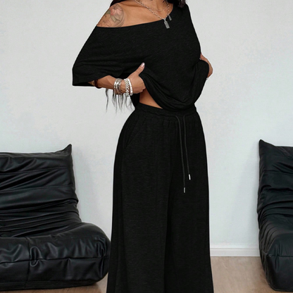 👗 LIMITED-TIME 50% OFF! 💥 Women's Off-Shoulder Top & Pants 2-Piece Set – Asymmetrical, Wide-Leg, Soft Fabric ✨