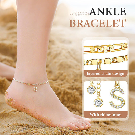 ⏳Time-Limited Special⏰Layered Gold Ankle Bracelet for Women – Rhinestone, Adjustable, Beach Jewelry 🏖️