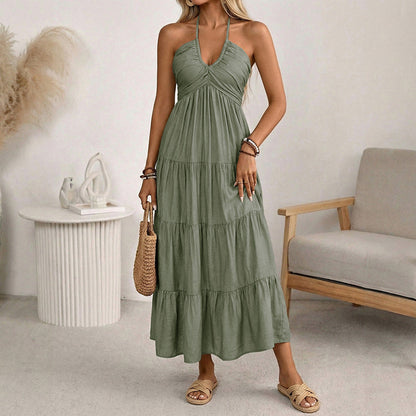 🌴 LIMITED-TIME 50% OFF! 👗 Women's Halter Neck Backless Maxi Dress – Tiered, Flowy, Resort Style 🌺