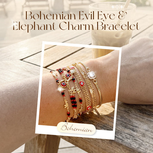 Bohemian Evil Eye Bracelet – Elephant & Hamsa Charms, Gold-Tone, Adjustable ✨