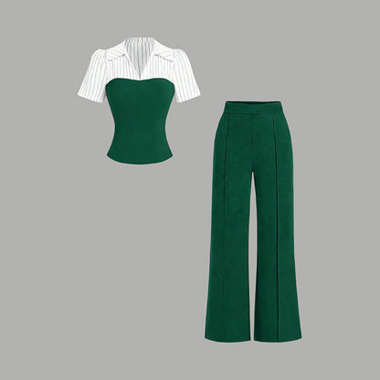 ⏳Limited-time 50% off⏰Elegant Striped Lapel Tee & Palazzo Pants 2-Piece Set👔👖