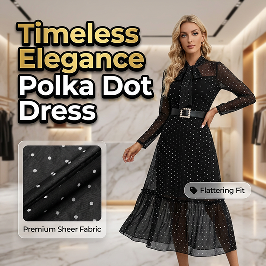 🎁2026 New Arrivals 50% OFF💥Polka Dot Midi Dress – Tie-Neck, A-Line, Elegant ✨
