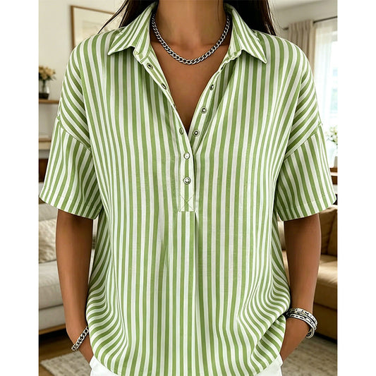 🥳SUMMER HOT SALE🥳💞50K+ SOLD!💥50% OFF! 🔥 Women's Striped Short-Sleeve Shirt – Relaxed Fit, V Neck, 9 Colors 🍂