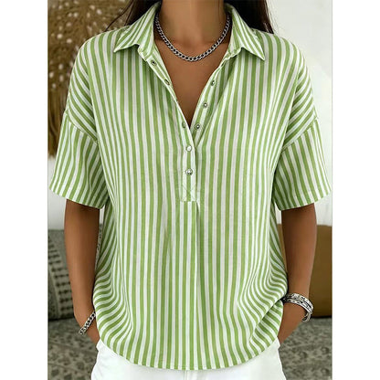 🥳SUMMER HOT SALE🥳💞50K+ SOLD!💥50% OFF! 🔥 Women's Striped Short-Sleeve Shirt – Relaxed Fit, V Neck, 9 Colors 🍂