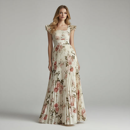 🎁2026 New Arrivals 50% OFF💥Elegant Floral Print Pleated Maxi Dress ✨– Romantic Square Neck, Ruffle Sleeves & Flowing Floral Skirt🌷