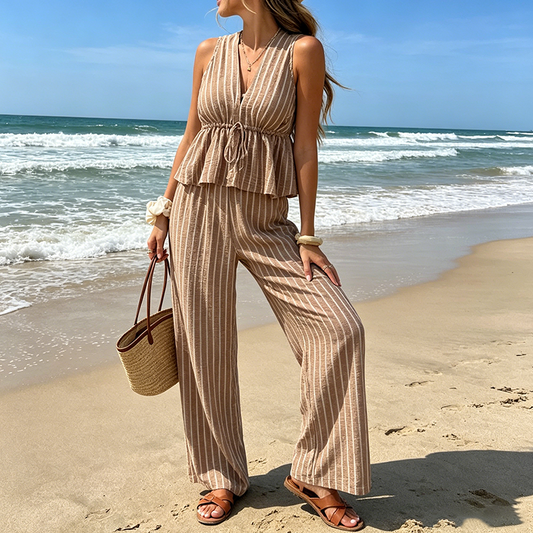 👕 LIMITED-TIME 50% OFF! ✨Women's Striped V-Neck Top & Wide-Leg Pants Set