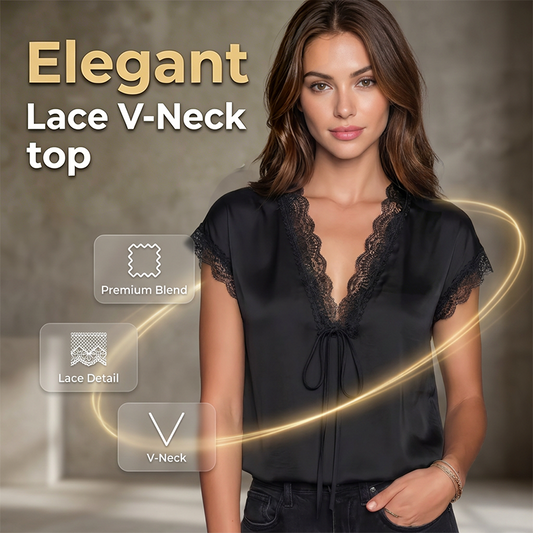 🎁2026 New Arrivals 50% OFF💥Women's Satin Blouse – V-Neck Tie Front, Lace Trim & Short Sleeves, Loose Fit Slimming Top💫🌸
