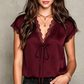🎁2026 New Arrivals 50% OFF💥Women's Satin Blouse – V-Neck Tie Front, Lace Trim & Short Sleeves, Loose Fit Slimming Top💫🌸