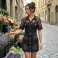 🎁2026 New Arrivals 50% OFF💥Women's Sheer Lace Denim Mini Dress – Contrast Texture, Sexy Sweet, Club-Ready ✨