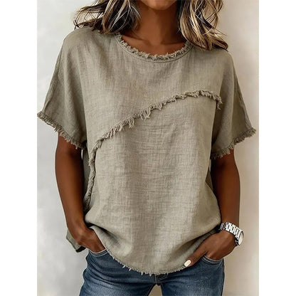 🎁2026 New Arrivals 50% OFF💥Women's Summer Top with Raw Edge Paneling – Round Neck, Relaxed Fit, Edgy ✨