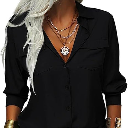 🎁2026 New Arrivals 50% OFF💥Women's Solid Lapel Long Sleeves Button-Down Shirt
